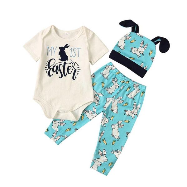 

новорожденный ребенок девочка мальчик пасхальная одежда с коротким рукавом письмо комбинезон мультфильм 3d брюки шляпа наряды лето милый rib, White