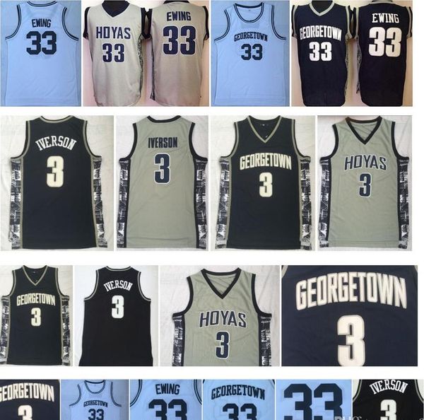 

ncaa mens georgetown hoyas iverson college jersey 3 allen iverson 33 patrick ewing university basketball shirt good stitched jersey, Black