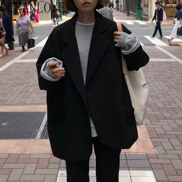 

oceanlove retro korean bf style loose long blazer women single button solid streetwear blazer feminino autumn 2019 jacket 12619, White;black