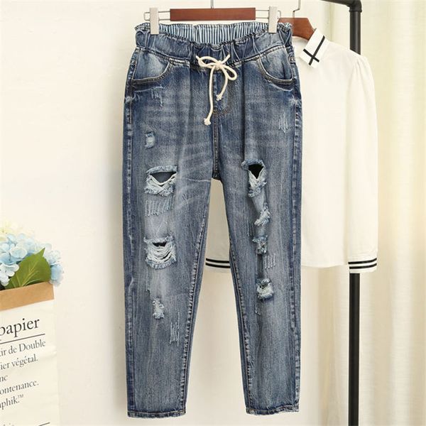 

denim jeans womens vintage ripped hole boyfriend jeans women harem pants stretch streetwear plus size high waist mom q1485, Blue