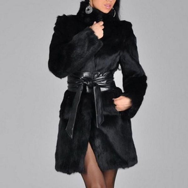 

2018 fashion winter fur female decoration fur coat imitation long belt, Black