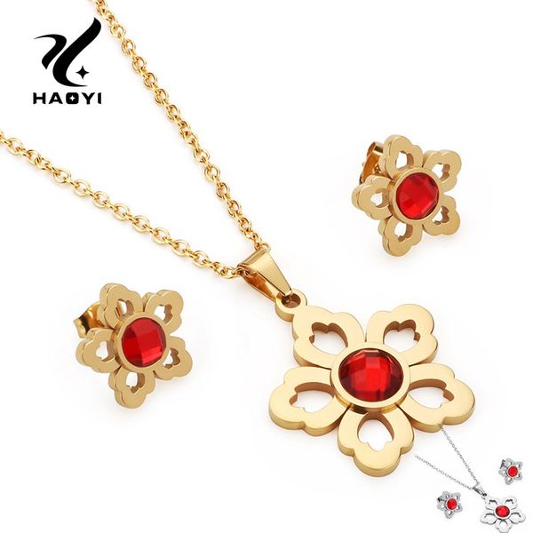 

small flower stainless steel necklace earring sets for women fashion romantic personalized with zircon metal madam jewelry sets, Silver