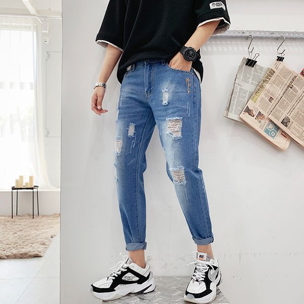 

2019 summer thin section jeans nine points slim feet pants male korean version trend students hole streetwear hip hop blue