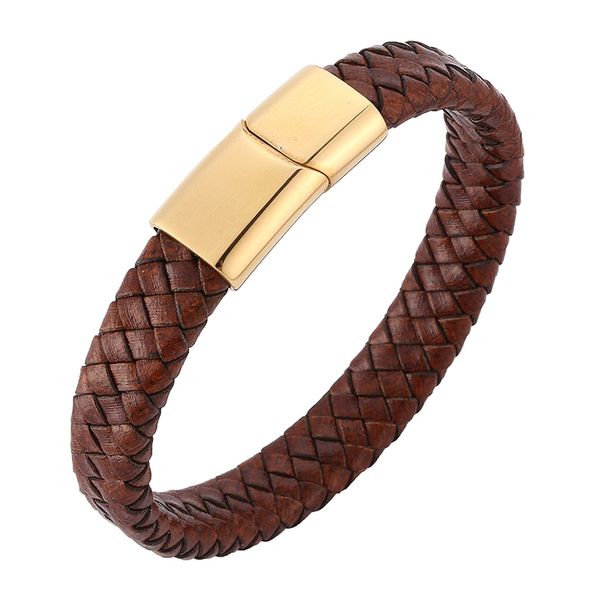 

fashion men jewelry brown braided leather bracelet gold stainless steel magnetic clasp bangle charm male wrist band gift pd0232, Golden;silver