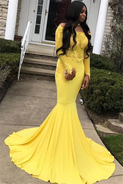 

Off Shoulder Mermaid Prom Dresses 2019 Long Sleeves Yellow Lace Party Gowns Sweep Train Evening Dresses Custom Made