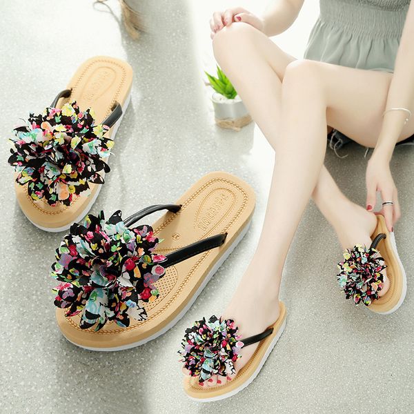 

leisure fashion concise women flat flip flops solid flower summer outside soft slippers casual open toe ladies shoes, Black