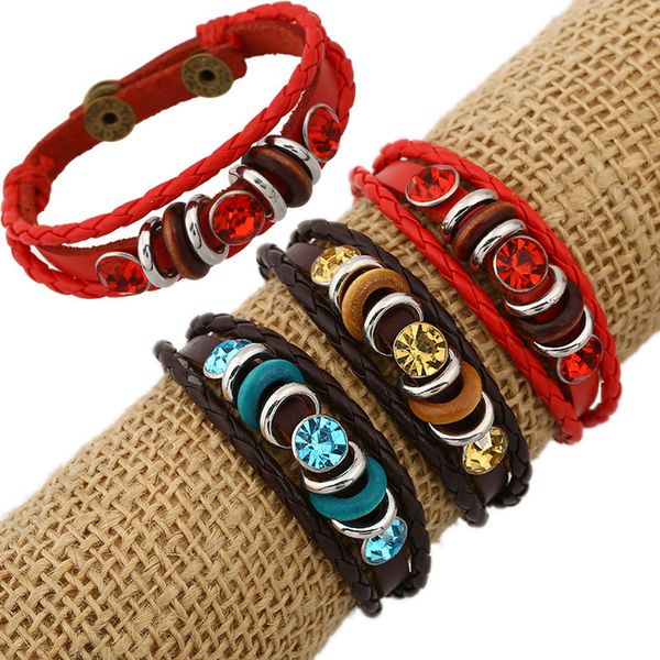 

japanese and korean simple fashion men women rhinestones jewelry accessories personality handmade beaded woven leather bracelet, Golden;silver
