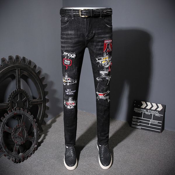 

2019 new jeans men's distressed ripped tight pants luxury clothes slim motorcycle moto biker hip hop ripped tight men's jeans a211, Blue