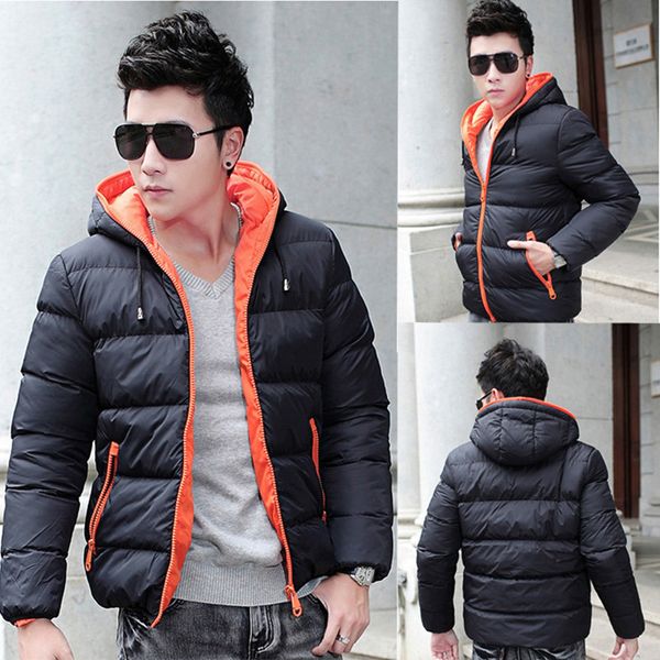 

men's autumn winter cotton coat cotton short hooded color zipper jacket wear double-sided, Black