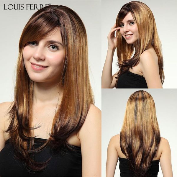 

louis ferre long straight cosplay wig with side bangs mixed brown blonde synthetic hair wigs for women heat resistant fiber, Black