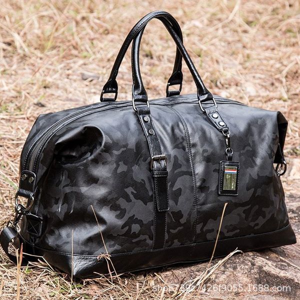 

fashion camouflage black leather men's travel bag perfect quality big duffel bags