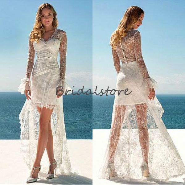 

полный кружева пляж boho свадебные платья высокий низкий v-образным вырезом с длинными рукавами богемное свадебное платье с прозрачной пугов, White