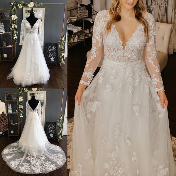 Vintage-inspirierte Illusions-Hochzeitskleider 2020, A-Linie, lange Ärmel, romantische Brautkleider, tiefer V-Ausschnitt, V-Rücken, Spitze, Vestidos de Novia