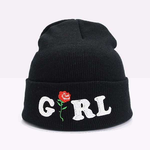 

fashion women's winter embroidered girl rose cuff beanies hat knit skullies cap white pink black aqua, Blue;gray