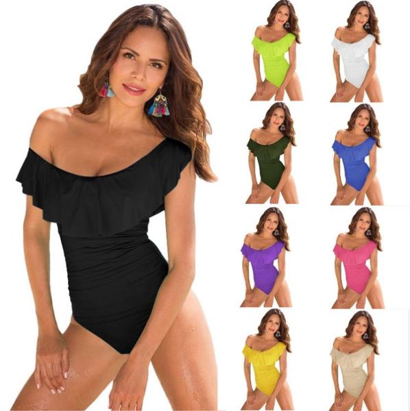 

ruffled solid color one-piece swimsuit with 14 colors s-xl no steel support without chest pad 2019 ladies summer beach swimsuit, White;black