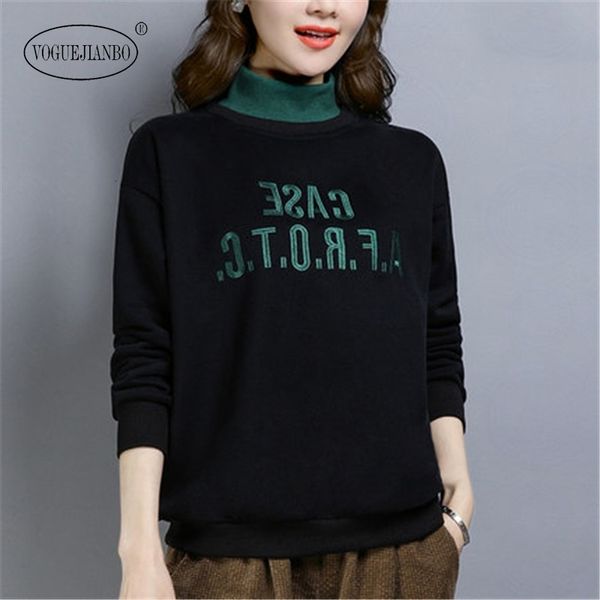 

2019 kpop fall winter letters loose high collar sweatshirt with fleece woman clothes felpa donna womens clothing hoody palto, Black