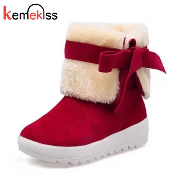 

kemekiss women mid calf snow boots wedge warm woman shoes plush fur winter shoes female bowknot botas ootwear size 35-40, Black