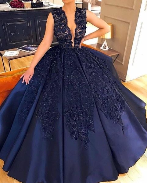 Dunkelblau geschwollene Ballkleid Prom Party Kleider Spitze appropping v Hals Perlen lange Abendkleider formelle Quinceanera Kleid