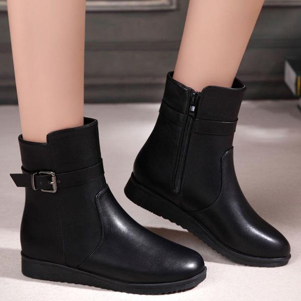 

women's rain boots pu shoes woman leather keep warm boots short ankle bootie buckle waterproof footwear shoes botas muje#3, Black