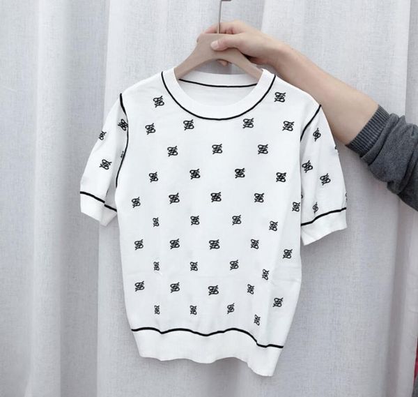 

new embroidered letters ice silk short-sleeved knitted t-shirt women thin section loose round neck pullover half-sleeved t-shirt, White