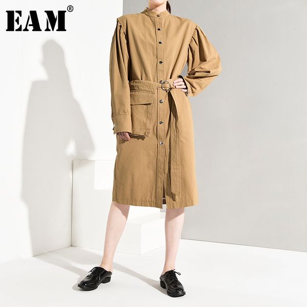 

eam] women pocket split joint long trench new stand collar long sleeve loose fit windbreaker fashion autumn winter 2019 1b280, Tan;black