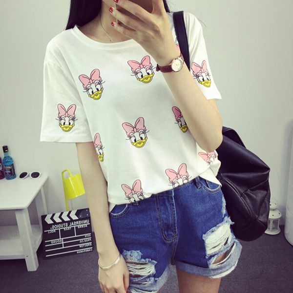 

cute cartoon printed women t shirt summer short sleeve round neck cotton tee shirt femme fashion casual loose camisetas mujer, White