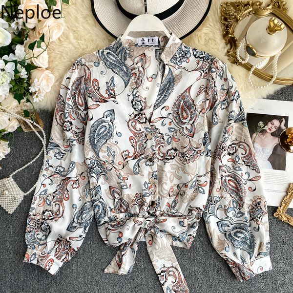 

neploe 2019 autumn women blouse retro totem printed korean chic shirt lace up slim waist single breasted v-neck blusas 55862, White