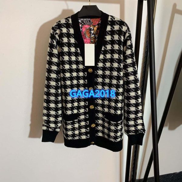 

high end женщины девушки вязать хаундстут свитер бомбардировщик куртка цветочный кардиган однобортный v-образным вырезом с длинным рукавом т, White;black