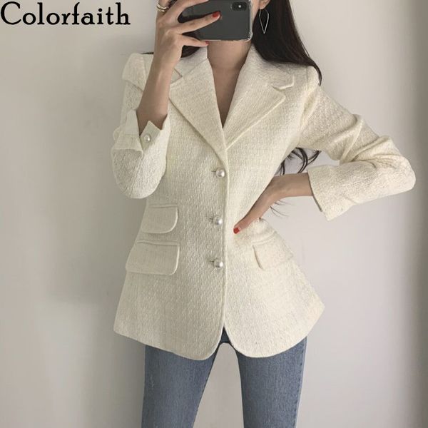 

colorfaith new 2019 autumn winter women's blazers plaid button pockets formal jackets notched outerwear england style jk151, White;black