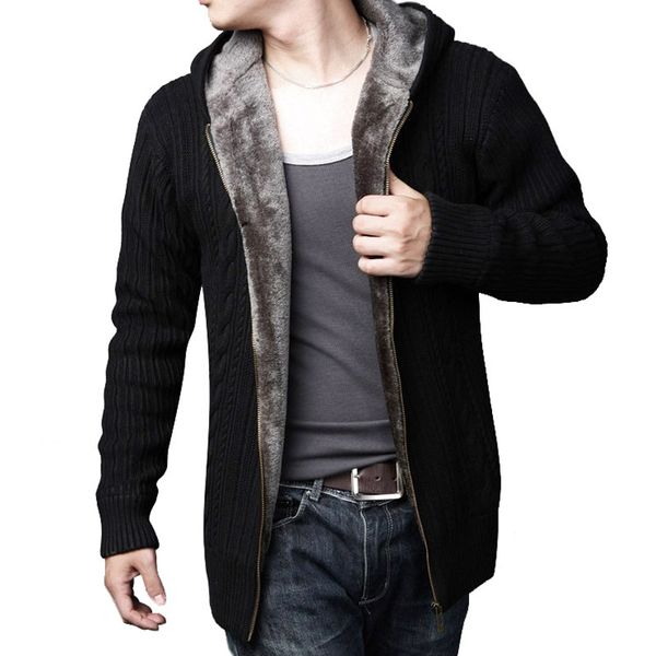 

fashion men's hooded sweater jacket winter mens wool velvet lining cardigan male solid color thick warm knitting outwear 5xl, White;black