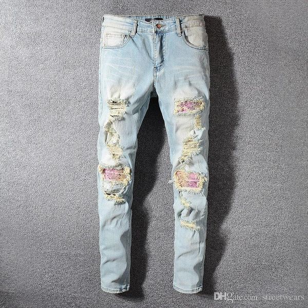 

2020 новый Амири мужские рваные джинсы светло-голубой промытый патч high street slim denim брюки 28-40