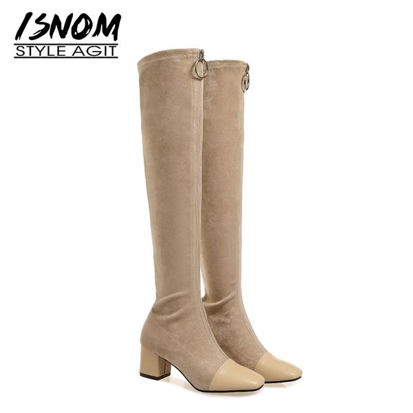 

isnom over the knee women boots square toe zip footwear cow leather female boot high heels stretch shoes woman 2019 new spring, Black