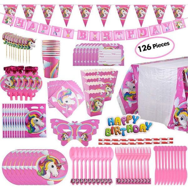 

children kids birthday party tableware set unicorn theme decoration disposable paper hat napkins plate tablecloth party decor