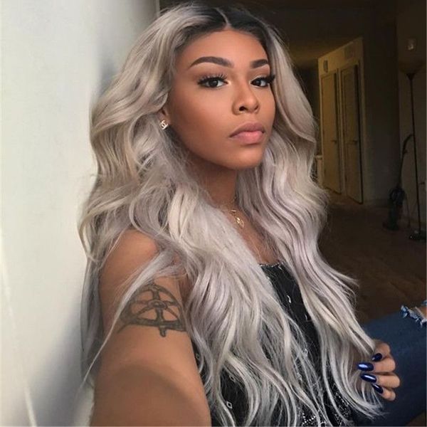 

1b/grey lace frontal wig pre plucked with baby hair brazilian body wave full lace human hair wigs for black women remy hair, Black;brown