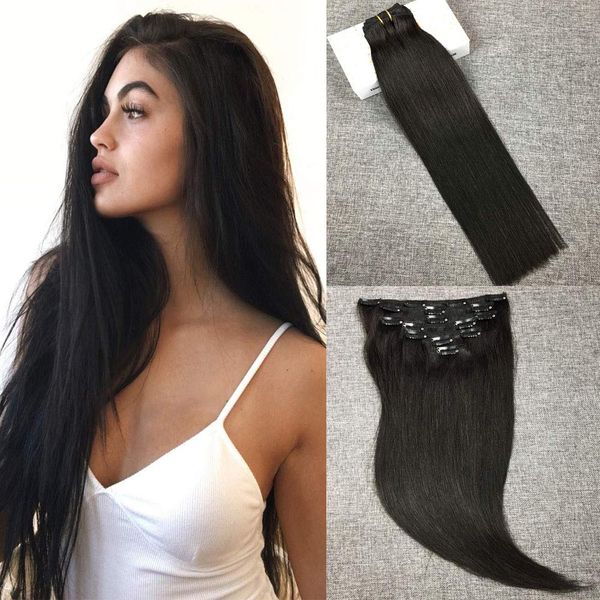 

clip in human hair extensions remy straight double weft 70g 7pcs with 16clips thick, Black