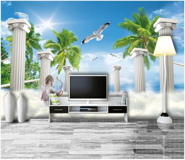 

custom p 3d wallpaper roman column seaside coconut tree angel scenery home decor living room 3d wall murals wallpaper for walls 3 d