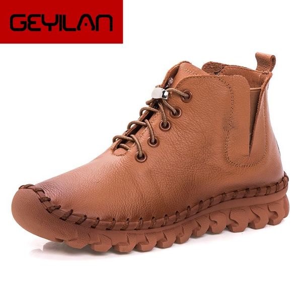 

new women genuine leather boots vintage style flat booties soft cowhide women's shoes handmade ankle boots female winter, Black