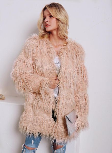 

2019 winter women coat long sleeve casual slim fluffy faux fur coat warm furry collarless jackets coats overcoat chaqueta mujer, Black