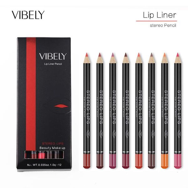 VIBELY 12 cores Lip Liner Pencil Matte Lipliner lisos, impermeáveis ​​colorida Nude Silk Lipstick Pen Com duração de pigmentos cosméticos
