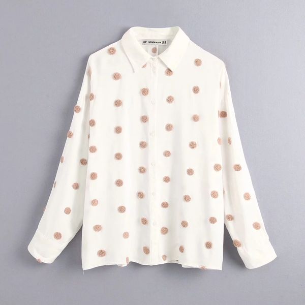 

2019 women sweet fur ball appliques casual business blouse shirts women dots embroidery office blusas chic autumn ls4234, White