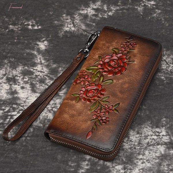 

women natural skin long wallet money handy bag card holder embossed floral genuine leather zipper clutch wrist bags purse, Red;black