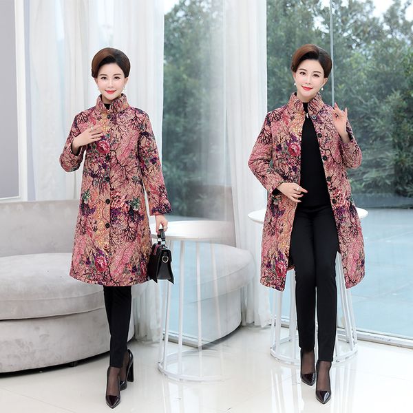 

2019 autumn and winter new style ethnic-style cotton linen padded cotton overcoat middle-aged women dress large size mid-length, Blue;black