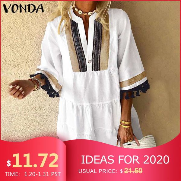 

summer dress vonda 2019 woman vintage printed half sleeve v neck party dresses loose mini dresses bohemian vestidos femme robe, Black;gray