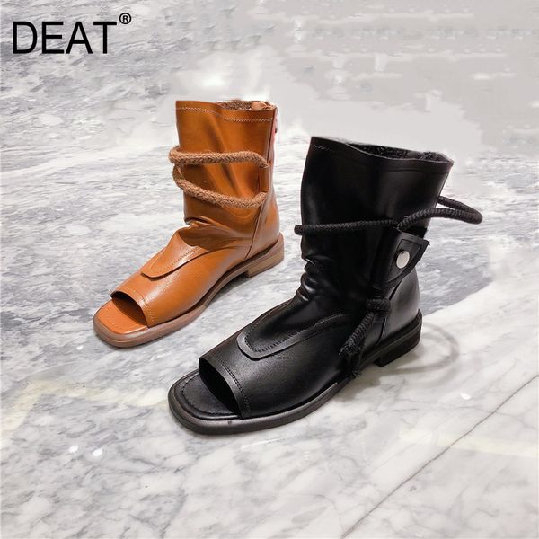 

deat] 2020 open toes genuine leather pleated retro casual single women flat cool boots new spring summer fashion tide 10h324, Black