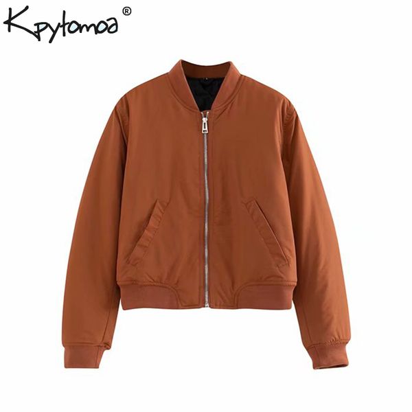 

vintage stylish basic loose bomber jacket women padded coat 2020 fashion long sleeve zipper warm ladies outerwear chic, Black;brown