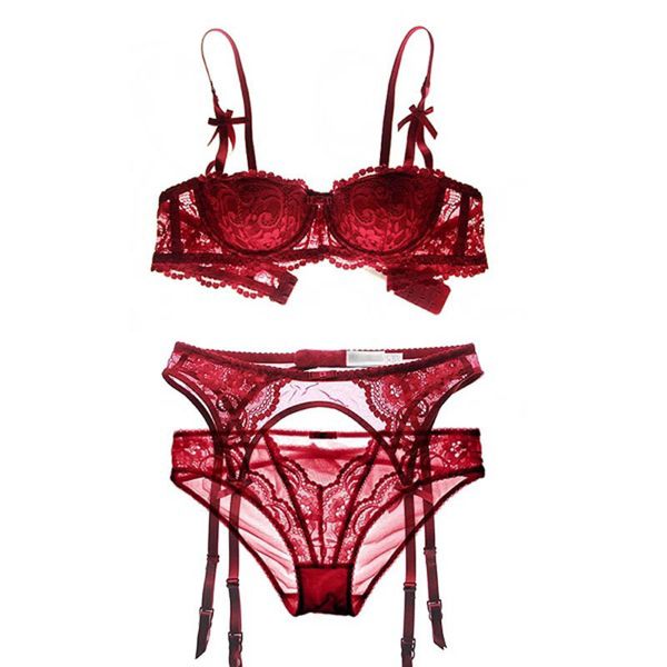 Sexy Mousse Mezza Coppa Del Reggiseno Set Salotto Del Merletto Della Biancheria Intima Delle Donne Profondo V Nero Byusgalter Reggiseno + Mutandine Trasparenti + Reggicalze Set 3 Pezzi S703