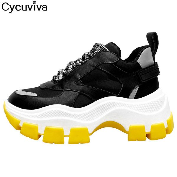 

new mesh platform chunky sneakers women mixed color lace up leather luminous women shoes thick bottom vulcanize shoes woman, Black