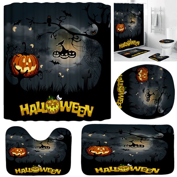 

halloween shower curtain bathroom waterproof polyester shower curtain halloween decor toilet seat cushion non-slip bath mat set