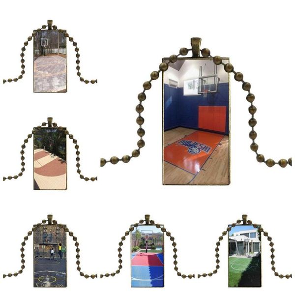

basketball court design for women children vintage jewelry bronze color glass cabochon choker pendant long rectangle necklace, Silver
