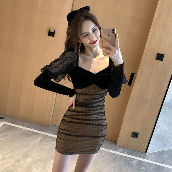 

2020 new french hepburn wind polka dot mesh stitching tight waist slimming all-match hip dress women, White;black